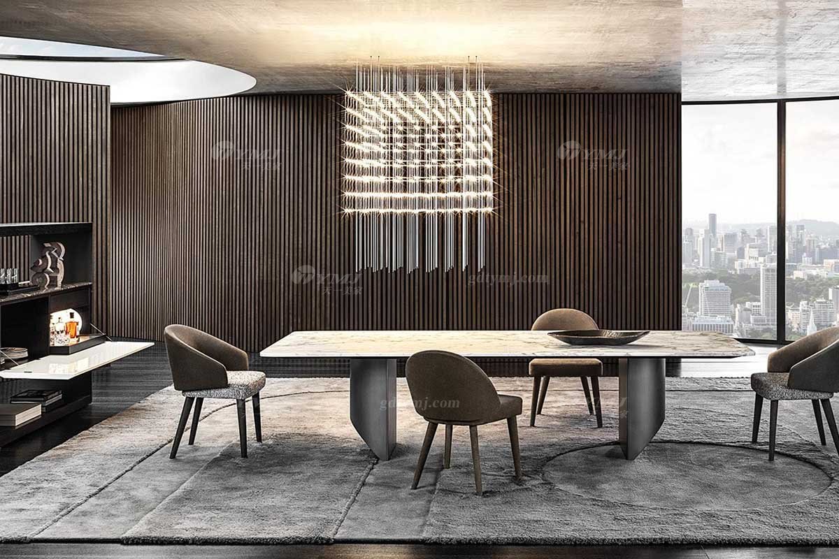  現(xiàn)代簡約家具高端別墅會所家用時尚不銹鋼五金底+勞倫黑金大理石長餐臺2026