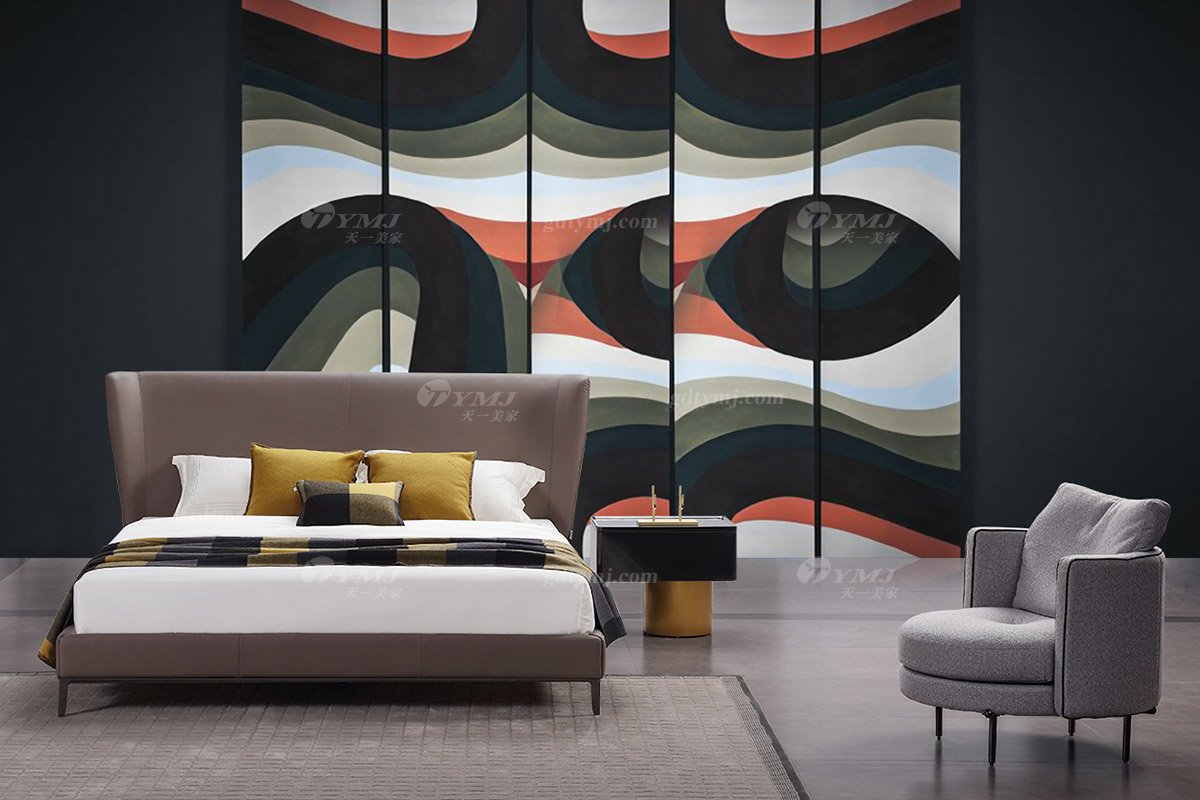  現(xiàn)代簡約家具高端別墅會所家用時(shí)尚舒適深灰色真皮大床婚床雙人床A2312場景