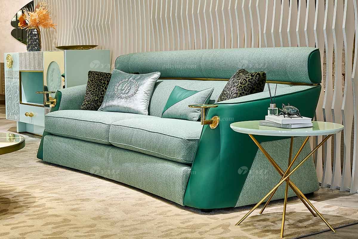 意式輕奢家具高端別墅會所家用時尚高級綠色皮布藝結合二位沙發三位沙發FB105SF3B場景