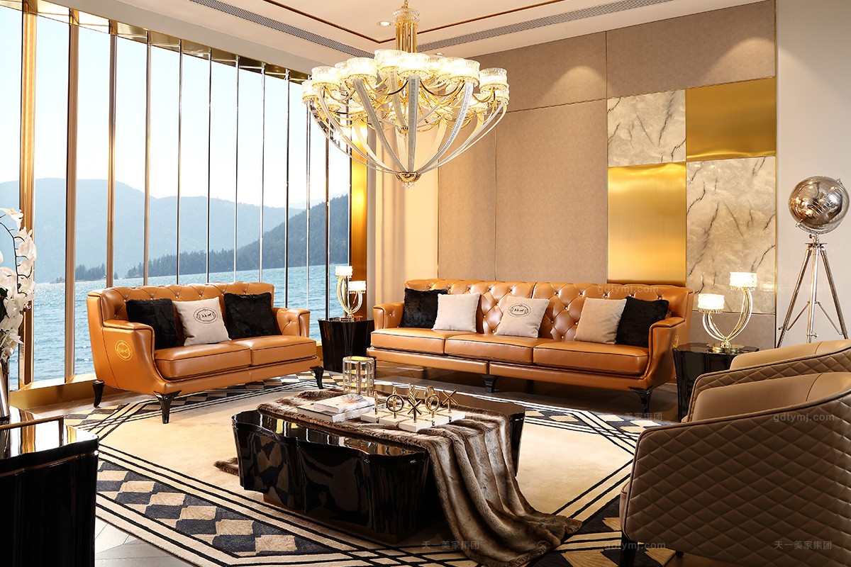 后現(xiàn)代輕奢主義愛(ài)馬仕橙客廳真皮沙發(fā)組合