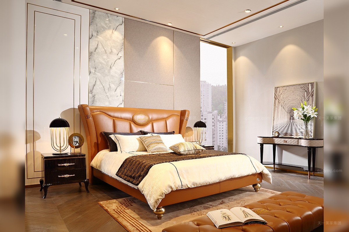 后現(xiàn)代輕奢主義愛(ài)馬仕橙真皮雙人大床